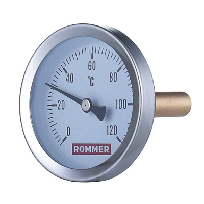 Термометр Rommer биметаллический с погружной гильзой (75 мм), 63 мм, 0...120, 1/2 Термометр Rommer биметаллический с погружной гильзой (75 мм), 63 мм, 0...120, 1/2