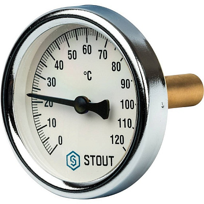 Термометр Stout биметаллический с погружной гильзой 50 мм, D63 мм, 0...120, 1/2, резьба с самоуплотнением Термометр Stout биметаллический с погружной гильзой 50 мм, D63 мм, 0...120, 1/2, резьба с самоуплотнением