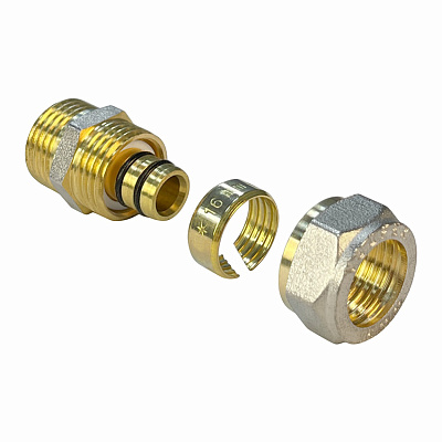 Соединитель Valfex для труб PE-RT/Al/PE-RT, обжимной с переходом на НР 16 x 3/4 дюйма