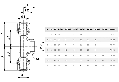 Тройник Viega SmartPress переходной 32 x Rp 3/4 x 32, модель 6717