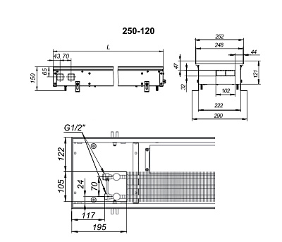 Внутрипольный конвектор с вентилятором Techno KVZV 250-120-1400